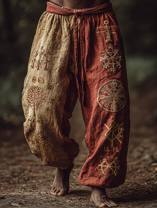 Men's Viking Retro Nordic Tree Of Life Two-Tone Rune Linen Pants