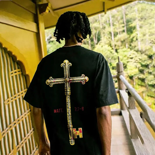 Matt 7:7-8 Golden Key Cross Printed Men's T-shirt