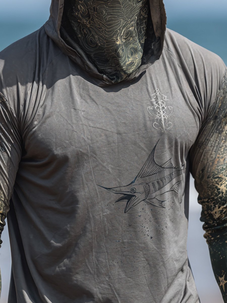Men's Outdoor Sun Protection Breathable Cool Face Mask Hooded Printed Long-Sleeved Top