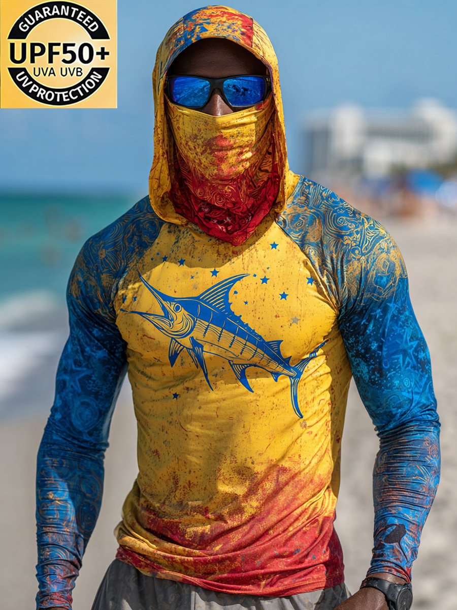 Men's Outdoor Sun Protection Breathable Cool Face Mask Hooded Printed Long-Sleeved Top