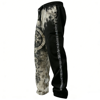 Viking Retro Rune Vintage Washed Printed Street Trousers