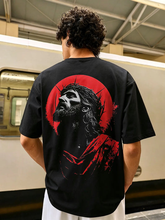Black Red Sun Crown Of Thorns Jesus Portrait Printed Men's T-shirt