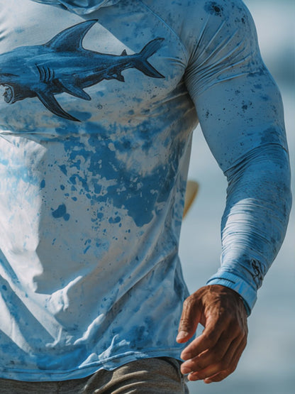 Men's Outdoor Sunscreen Breathable Cool Hooded Printed Surf Long-Sleeve Top
