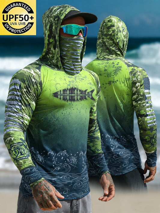 Men's Outdoor Sun Protection Breathable Cool Face Mask Hooded Printed Long-Sleeved Top