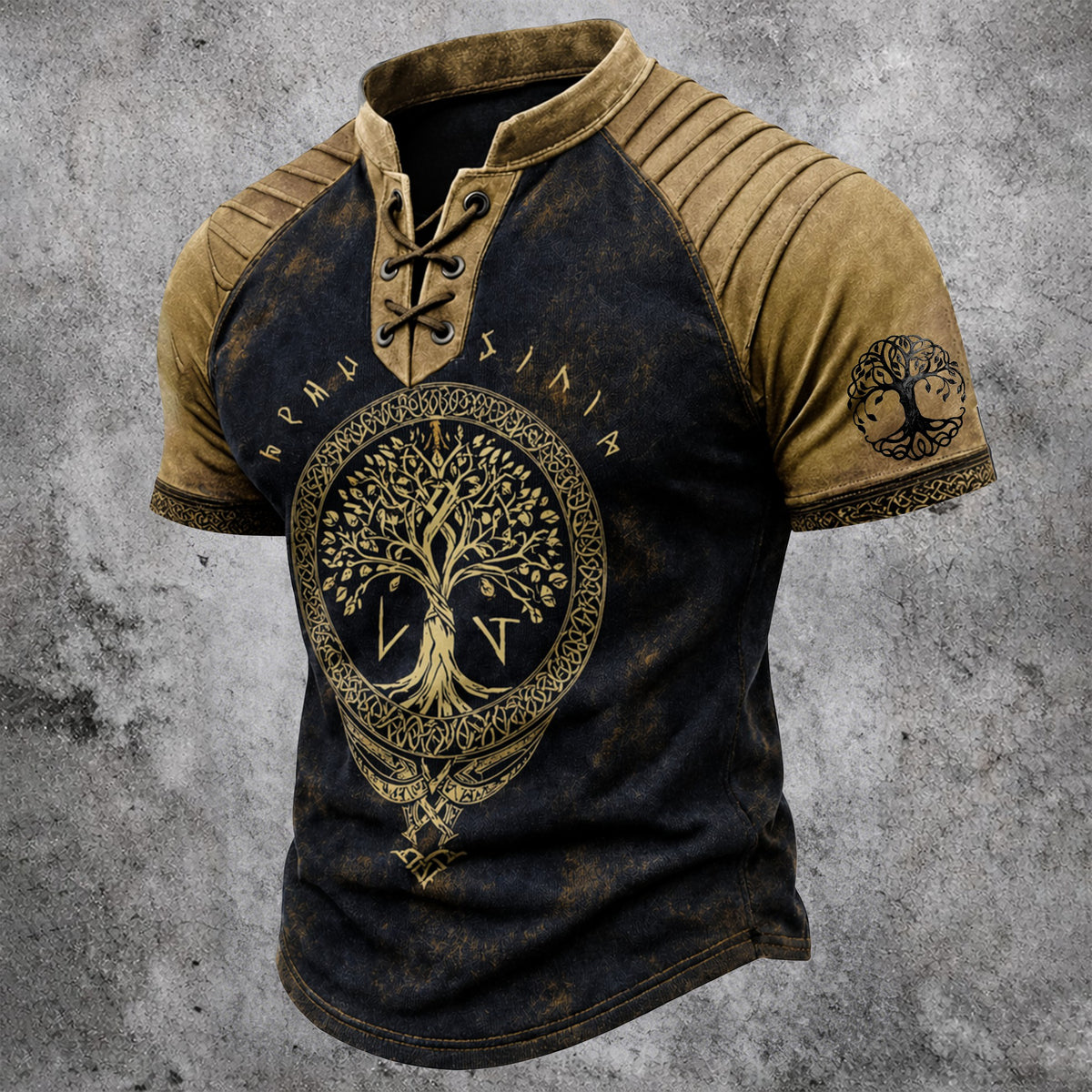 Men's Tree of Life Print Short Sleeve Henley T-Shirt - Viking Distressed Casual Top