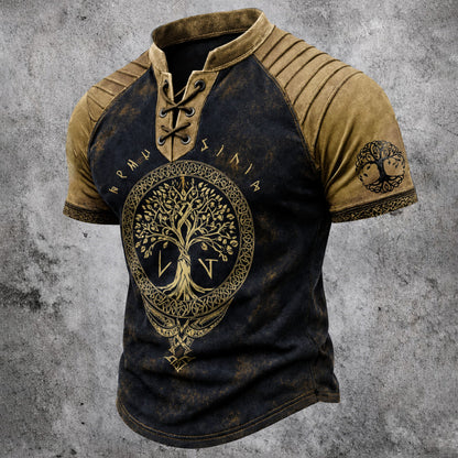 Men's Tree of Life Print Short Sleeve Henley T-Shirt - Viking Distressed Casual Top