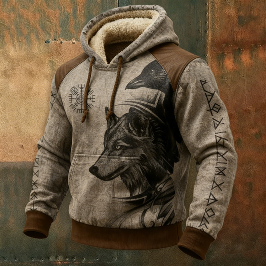 Celtic Retro Viking Hoodie with Nordic Fleece Collar & Vegvisir