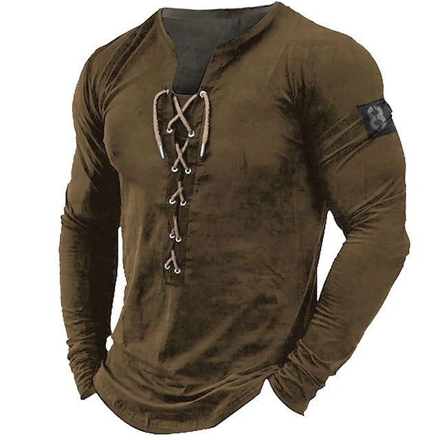 2024 New Men's Long Sleeve Henry Shirt Solid Color Lead Top Casual Beach Bottom Shirt Top