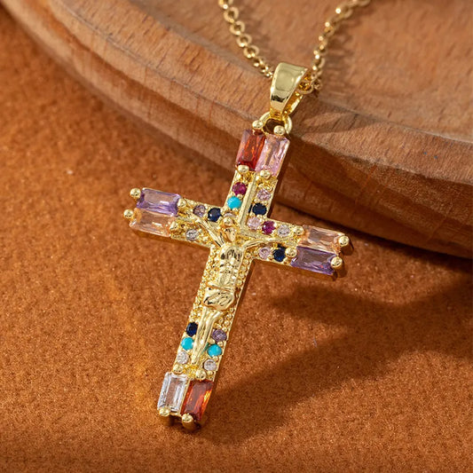 Jesus Crucifixion Colored Zircon Necklace