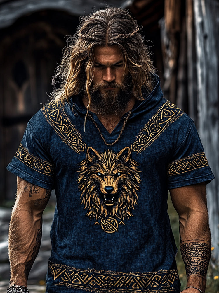 Men's Viking Tribal Knot Art Tree Of Life Wolf Pattern Linen Short Sleeve Hoodie