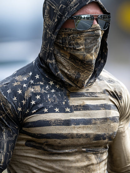 Men's Retro Flag Print Outdoor Sun Protection Breathable Cooling Mask Hooded Sun Protection Long Sleeve Top