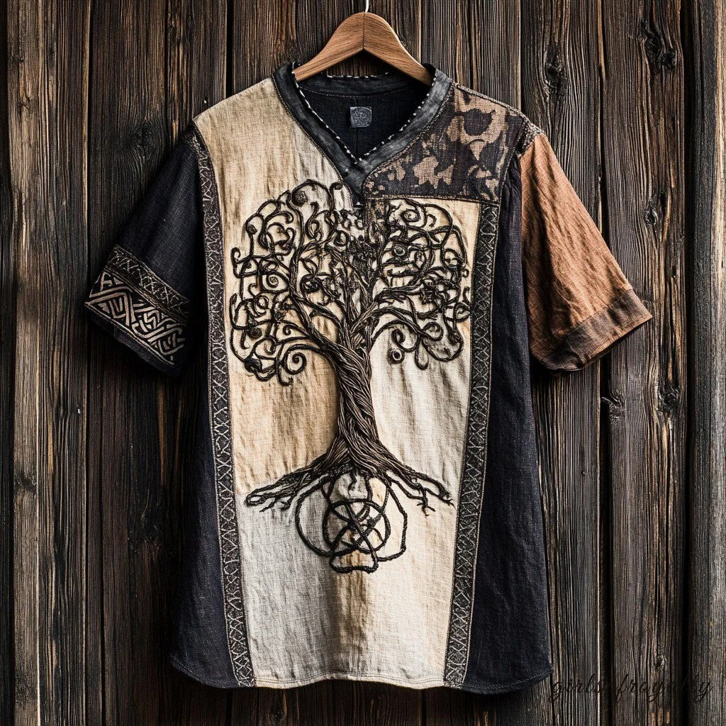 Men's Bohemian Tree of Life linen T-Shirt - Patchwork Earthy Tones Short Sleeve V-Neck