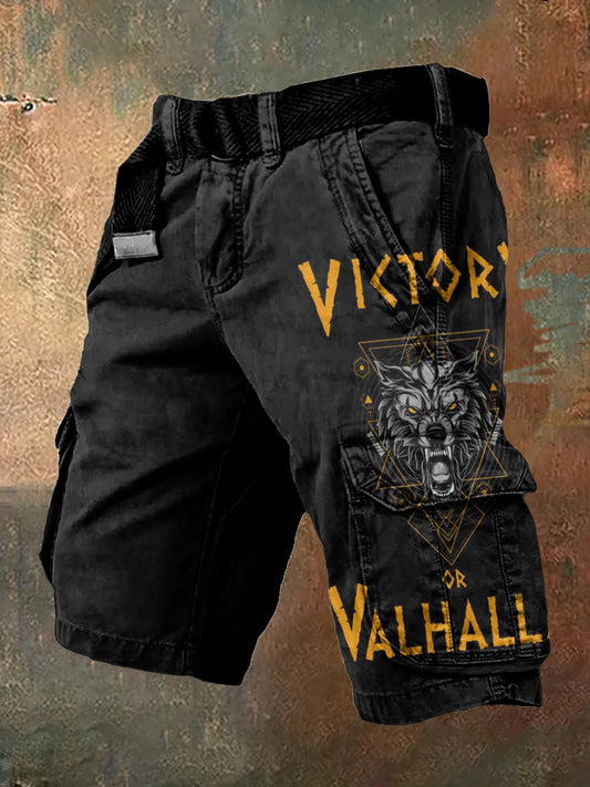 Men's Viking Victory or Valhalla Fenrir Wolf Inspired Vintage Cargo Shorts
