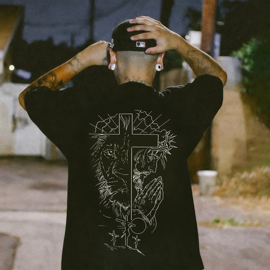 Lion & Crucifix Line Art Printed Men's T-shirt