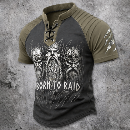 Men's Viking Graphic Lace-Up Henley T-Shirt - Two-Tone Raglan Short Sleeve with Ribbed Shoulders