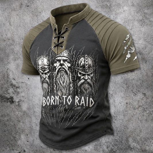 Men's Viking Graphic Lace-Up Henley T-Shirt - Two-Tone Raglan Short Sleeve with Ribbed Shoulders