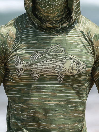 Men's Outdoor Sun Protection Breathable Cool Face Mask Hooded Printed Long-Sleeved Top