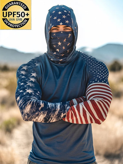 Men's Outdoor Sun Protection Breathable Cool Mask American Flag Print Hooded Sun Protection Long Sleeve Top