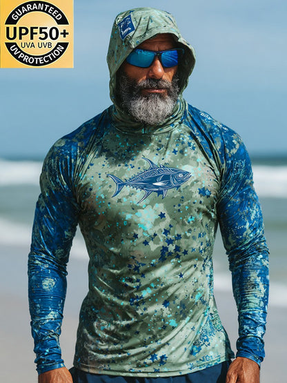 Men's Outdoor Sun Protection Breathable Cool Face Mask Hooded Printed Long-Sleeved Top