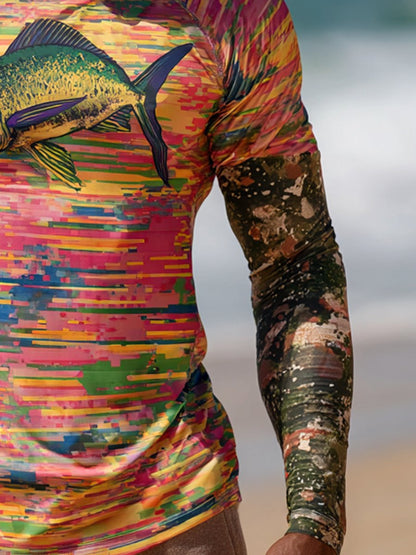 Men's Outdoor Sun Protection Breathable Cool Face Mask Hooded Printed Long-Sleeved Top