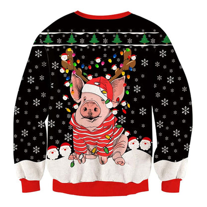 Unisex Bulb Pig Print Crew Neck Ugly Christmas Sweatshirt