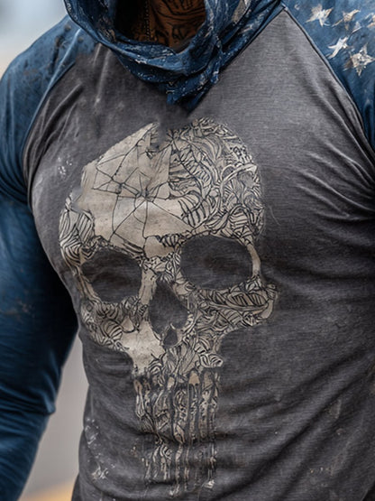 Men's Retro Skull Flag Outdoor Sun Protection Breathable Cooling Mask Hooded Sun Protection Long Sleeve Top