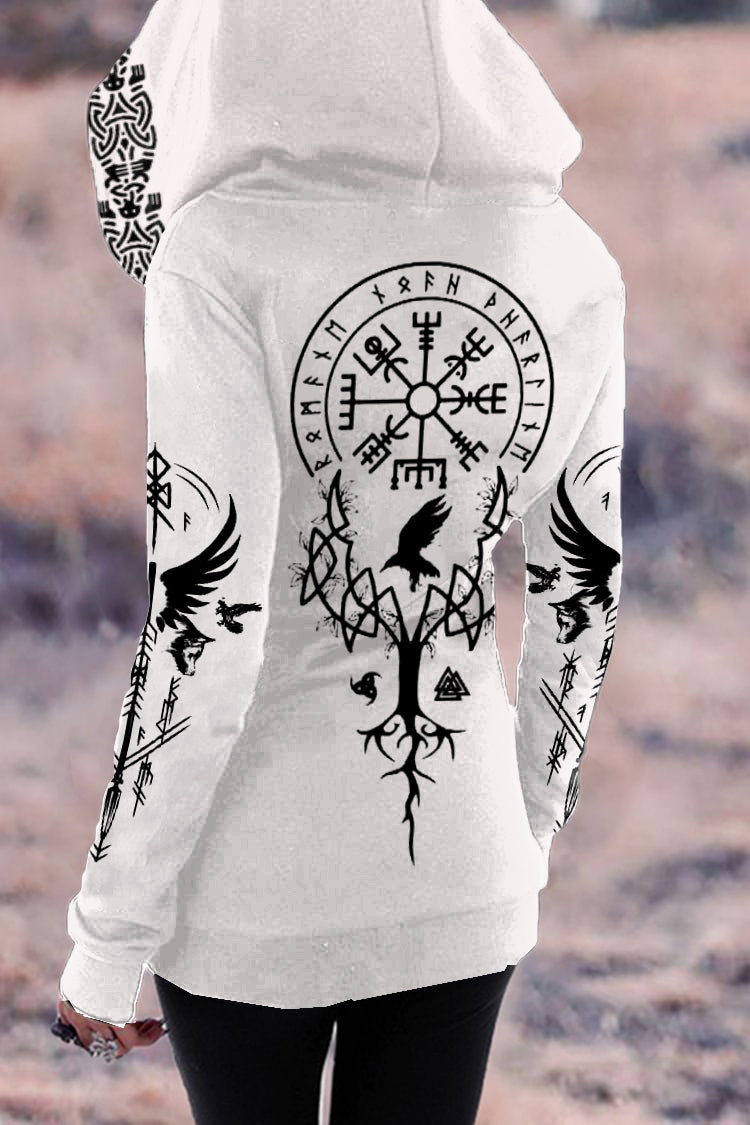 Tribal Viking Totem Contrast Print Zipper Hoodie
