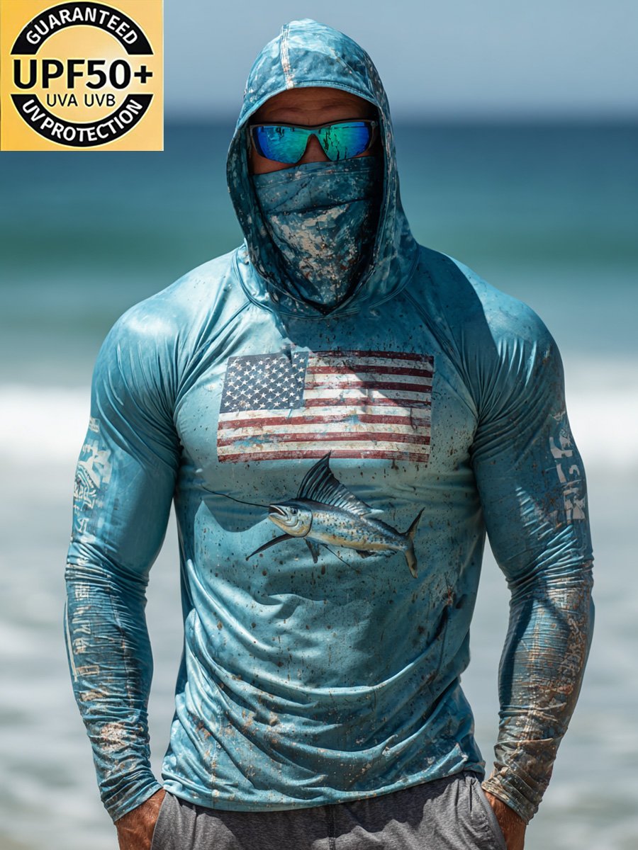 Men's Outdoor Sun Protection Breathable Cool Face Mask Hooded Printed Long-Sleeved Top