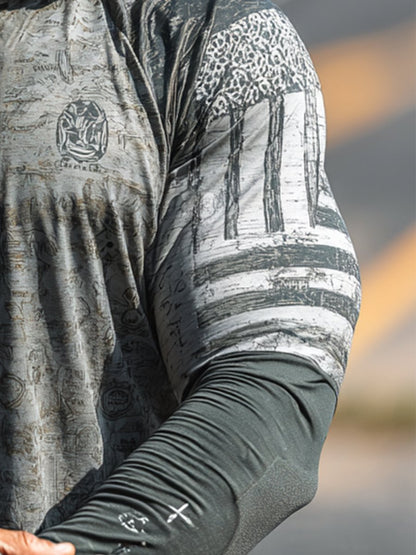 Men's Retro Print Outdoor Sun Protection Breathable Cool Mask Hooded Sun Protection Long Sleeve Top