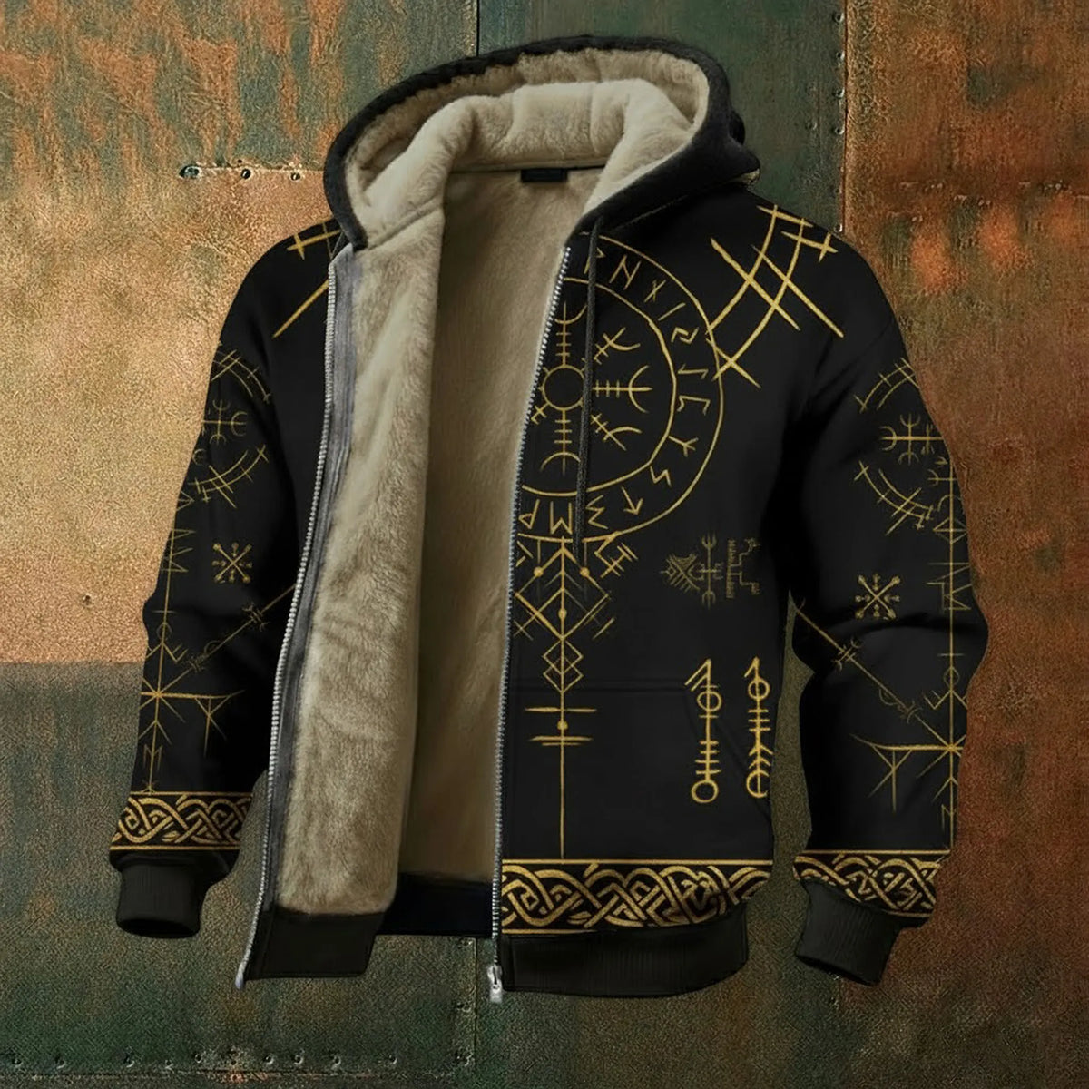 Nordic Viking Golden Rune Fleece-Lined Warm Hoodie