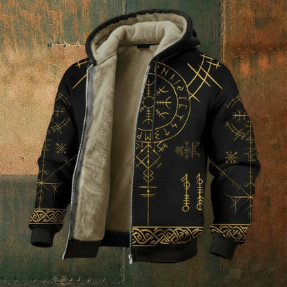 Nordic Viking Golden Rune Fleece-Lined Warm Hoodie
