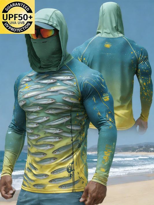 Men's Outdoor Sun Protection Breathable Cool Face Mask Hooded Printed Long-Sleeved Top