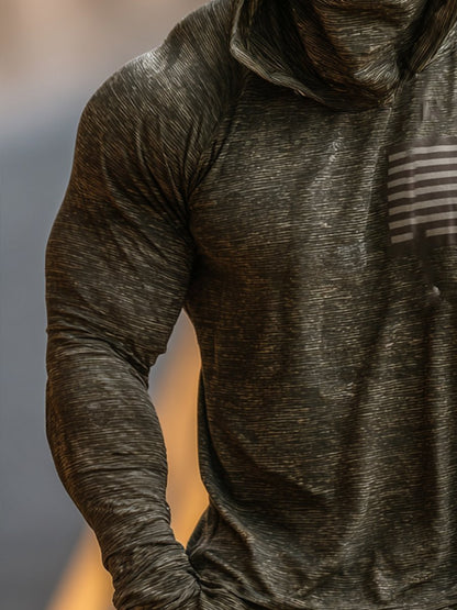 Men's Retro Flag Logo Outdoor Sun Protection Breathable Cooling Mask Hooded Sun Protection Long Sleeve Top