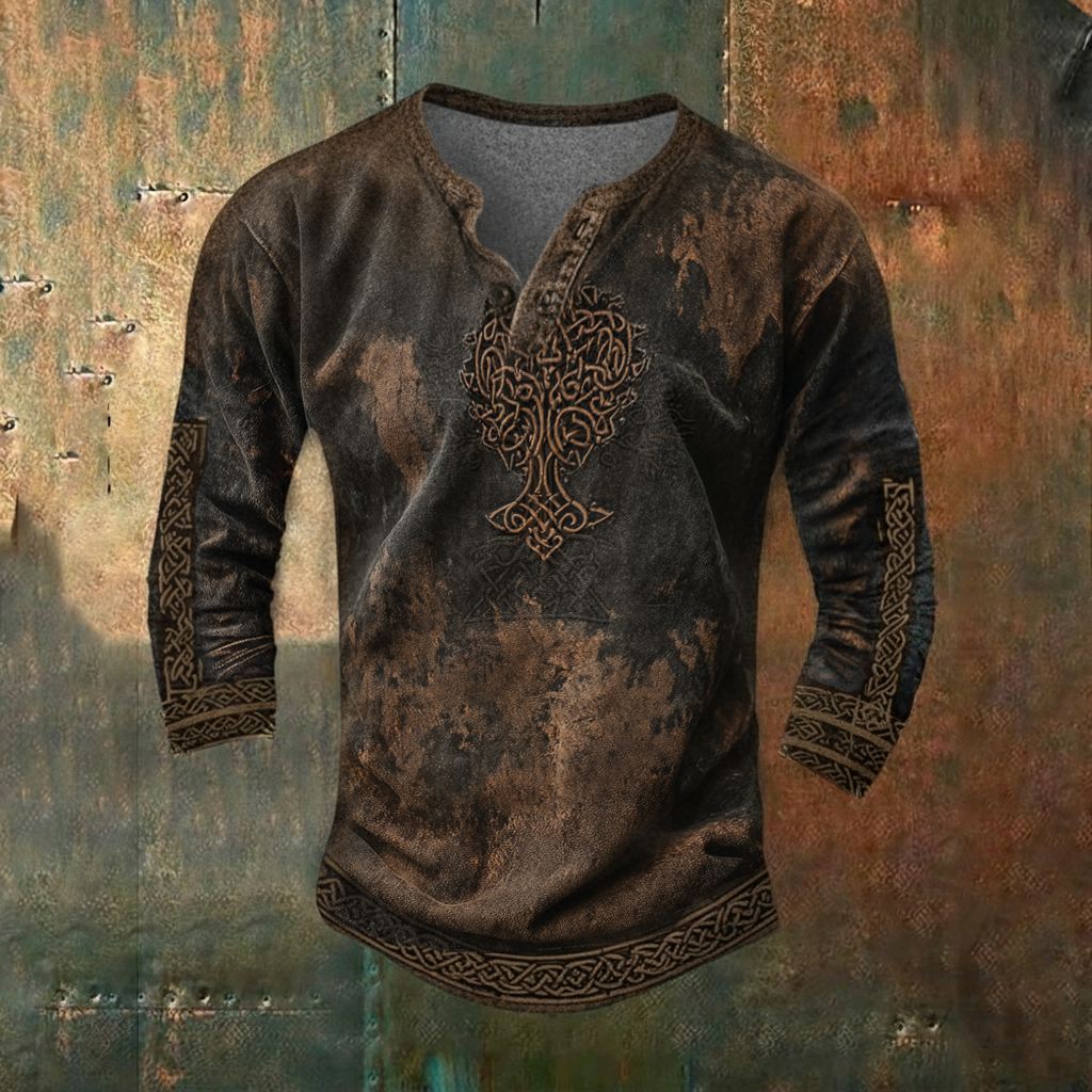 Viking Tree Of Life Celtic Knot Casual Long-Sleeve Henley Shirt