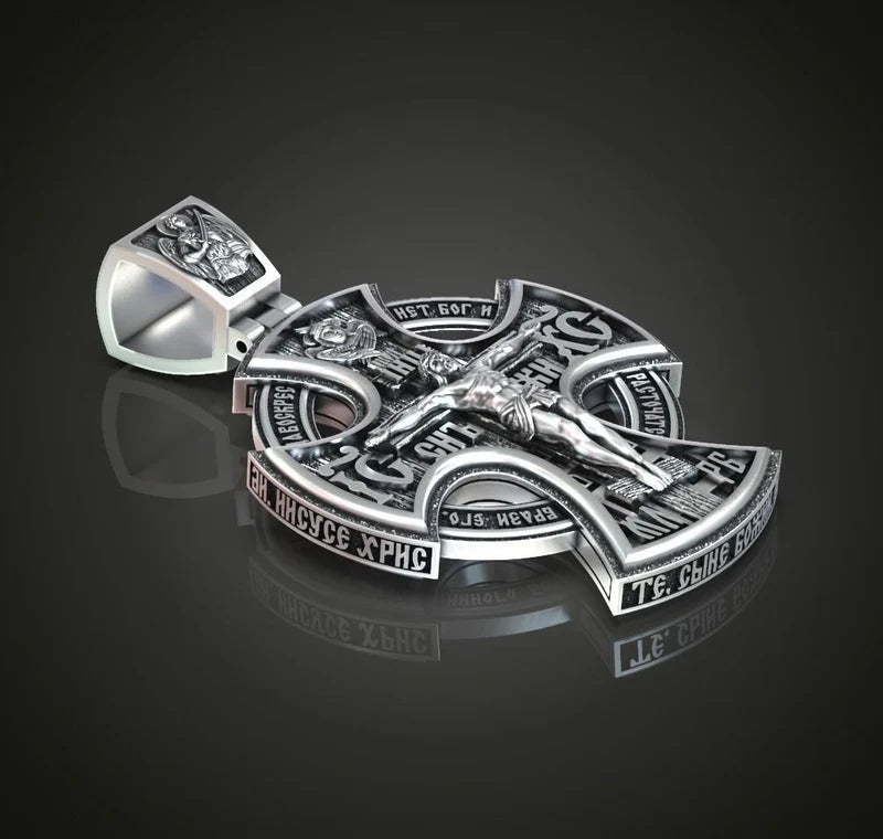 Michael Archangel and Crucifixion Front and Back Engraved 925K Sterling Silver Pendant Necklace