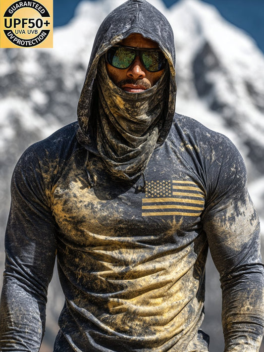 Men's Long Sleeve Hooded Patriotic Flag Distressed Camo Sun Protection Shirt