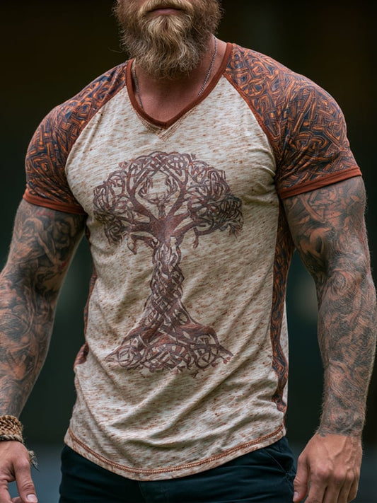 Men's Vintage Viking-Style Color-Block V-Neck Short-Sleeve Top