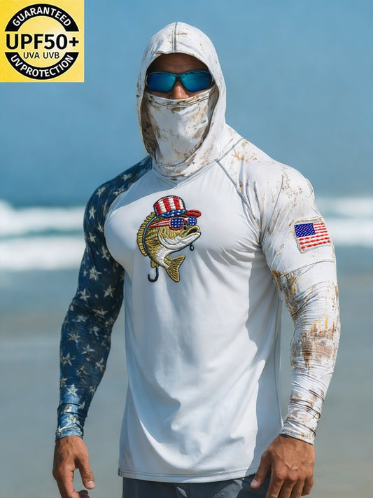 Men's Outdoor Sun Protection Breathable Cool Face Mask Hooded Printed Long-Sleeved Top
