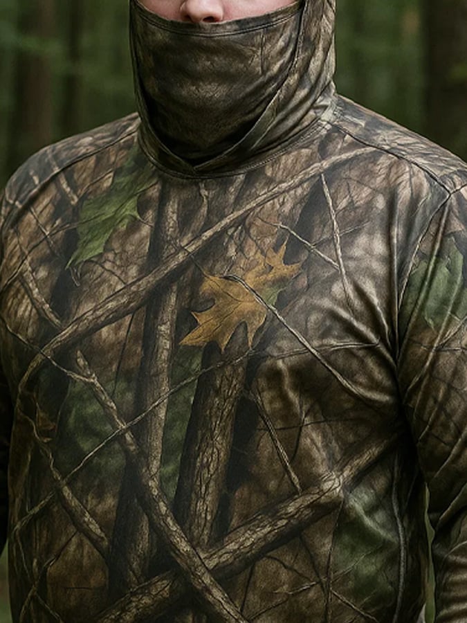 Men's Outdoor Sun Protection Breathable Cool Hunting Camouflage Mask Hooded Sun Protection Long-Sleeved Top