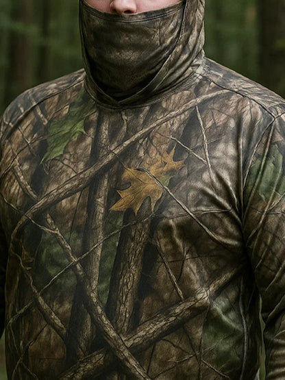 Men's Outdoor Sun Protection Breathable Cool Hunting Camouflage Mask Hooded Sun Protection Long-Sleeved Top