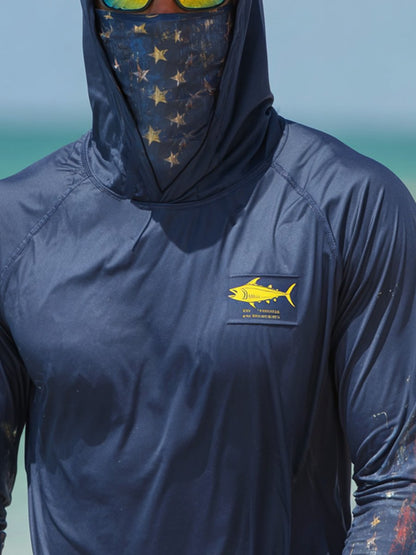 Men's Outdoor Sun Protection Breathable Cool Face Mask Hooded Printed Long-Sleeved Top