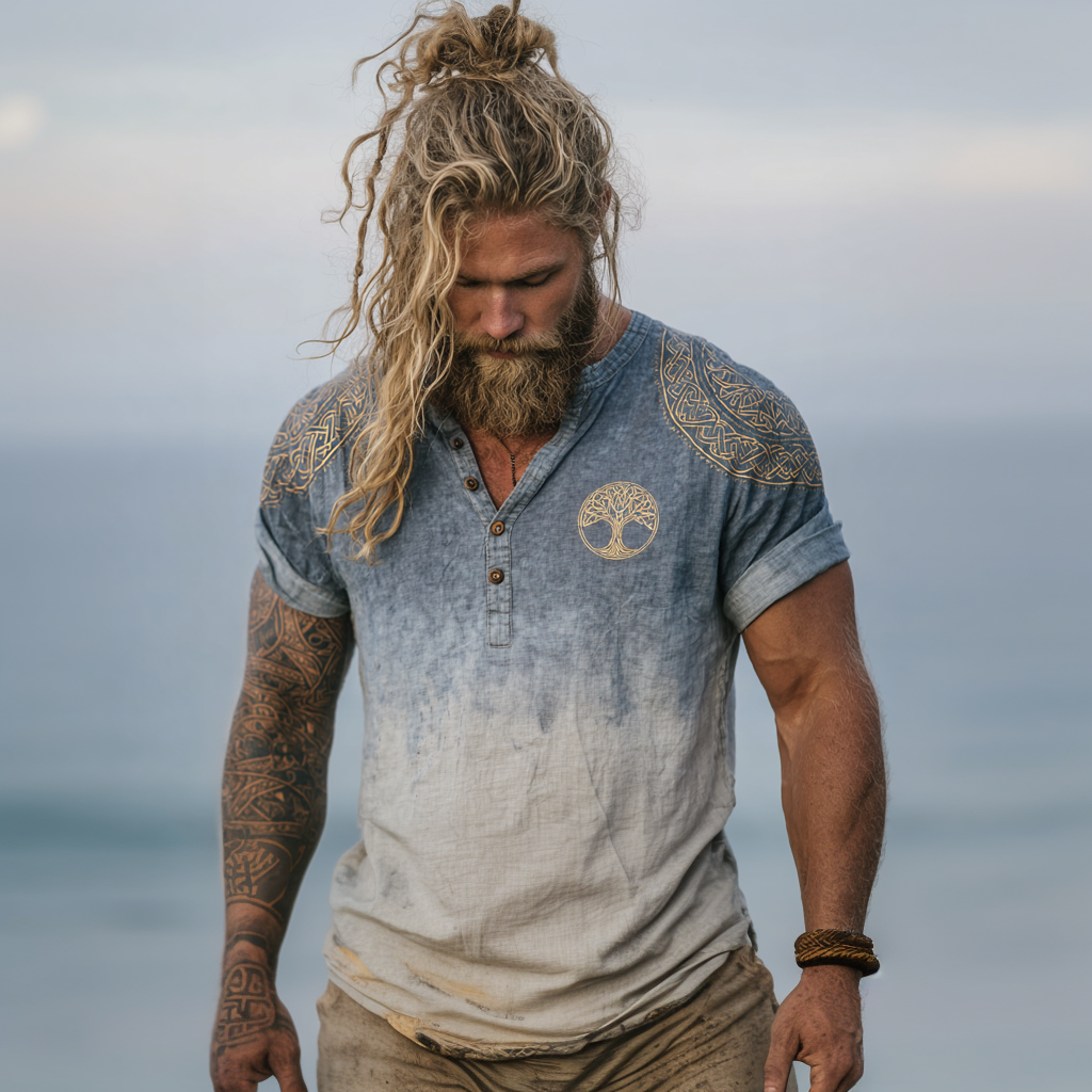 Men's Viking-Inspired Tree Of Life Short Sleeve Gradient Linen Henley Shirt