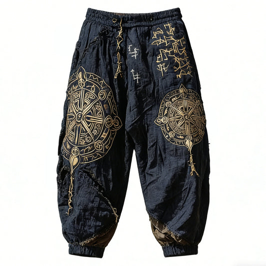 Unisex Distressed Pants - Dark Blue Gold Tribal Print Loose Fit Trousers