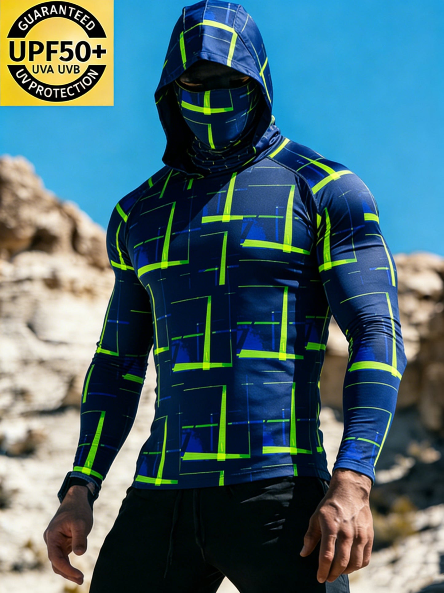 Men's Blue Neon Grid Cross Sun Protection Print Top