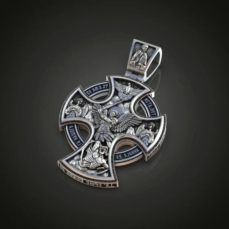 Michael Archangel and Crucifixion Front and Back Engraved 925K Sterling Silver Pendant Necklace
