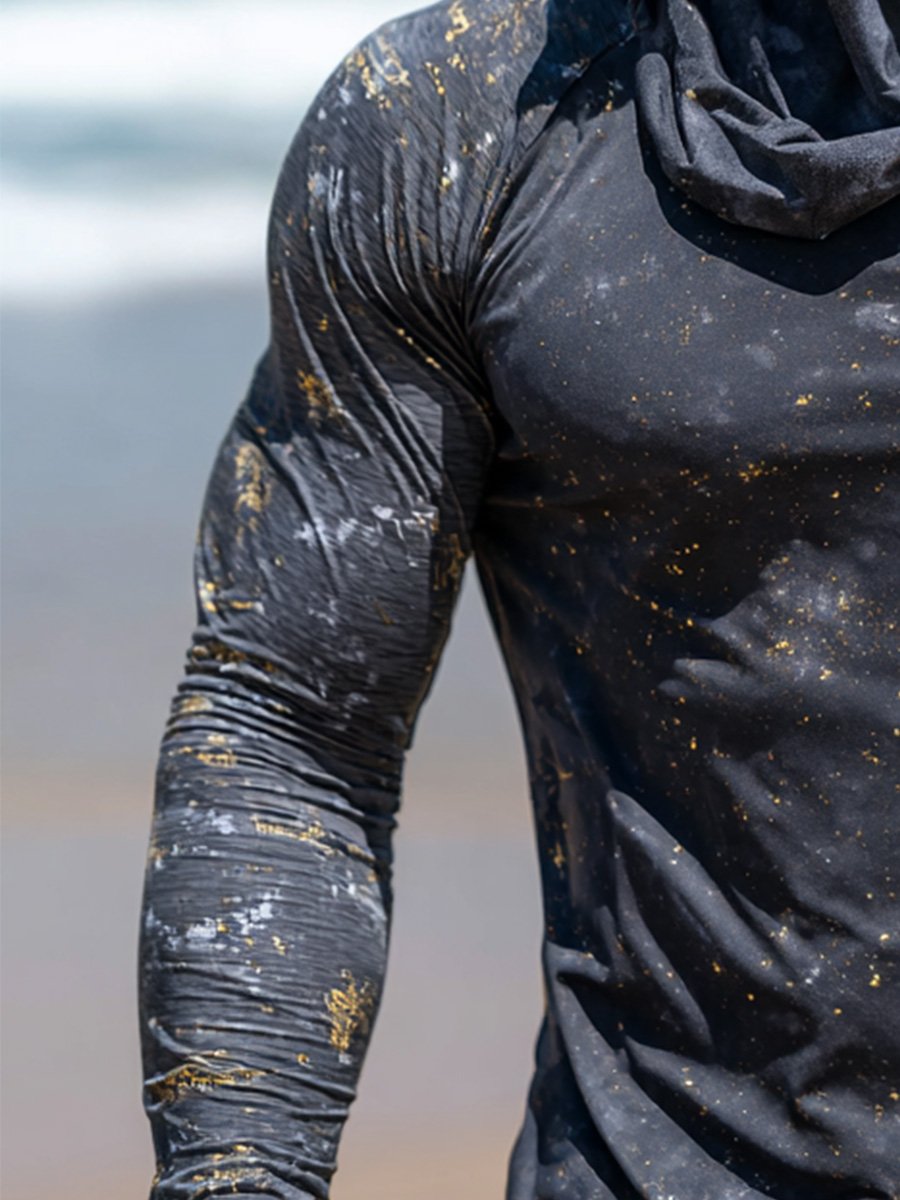 Men's Outdoor Sun Protection Breathable Cool Face Mask Hooded Printed Long-Sleeved Top