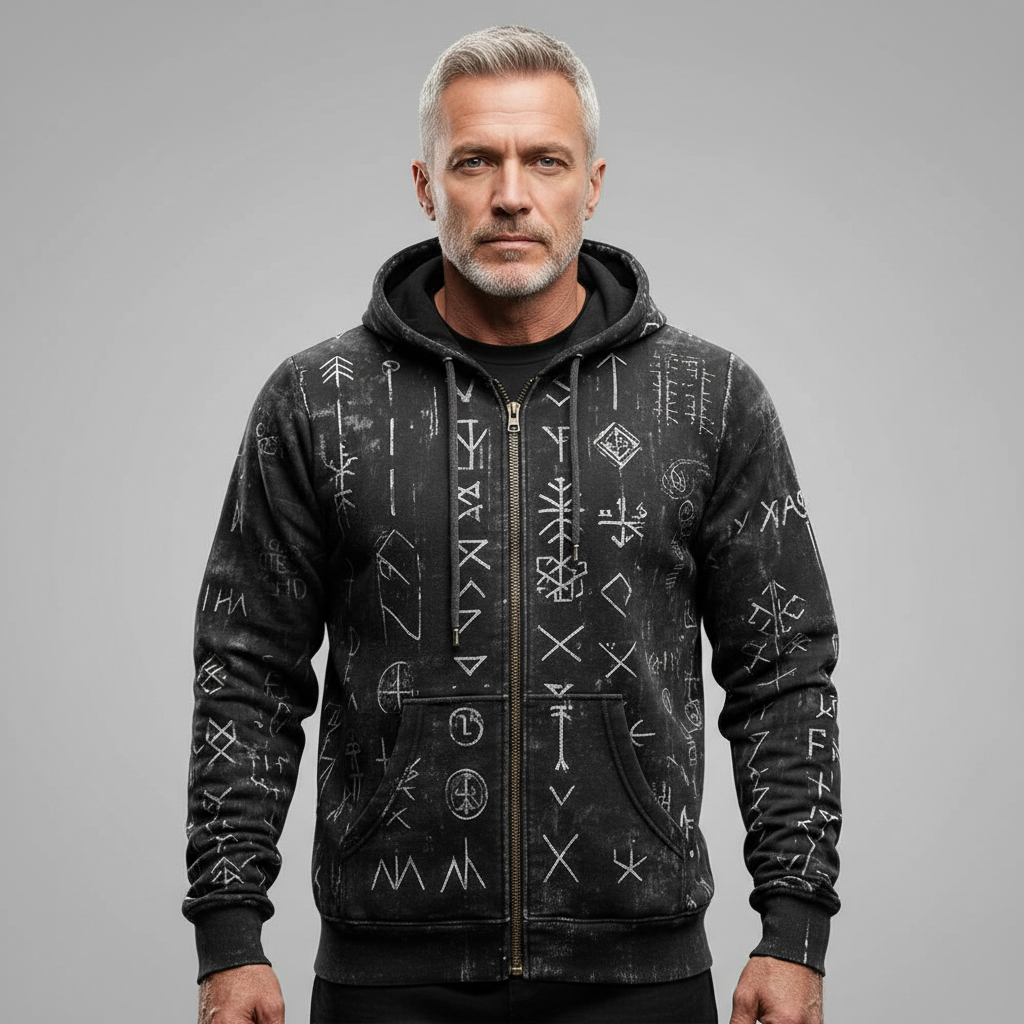 Unisex Full-Zip Hoodie - Distressed Black & White Symbolic Rune Graphic Print Edgy Streetwear