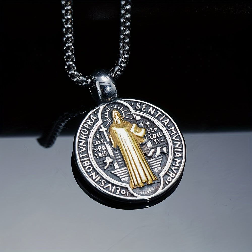 Sterling Silver Round Saint Benedict Pendant Necklace for Men