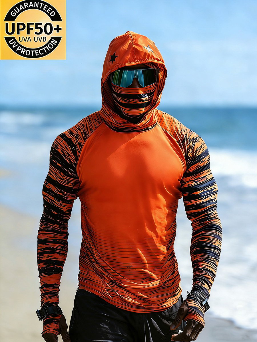Men's Outdoor Sun Protection Breathable Cool Face Mask Hooded Printed Long-Sleeved Top