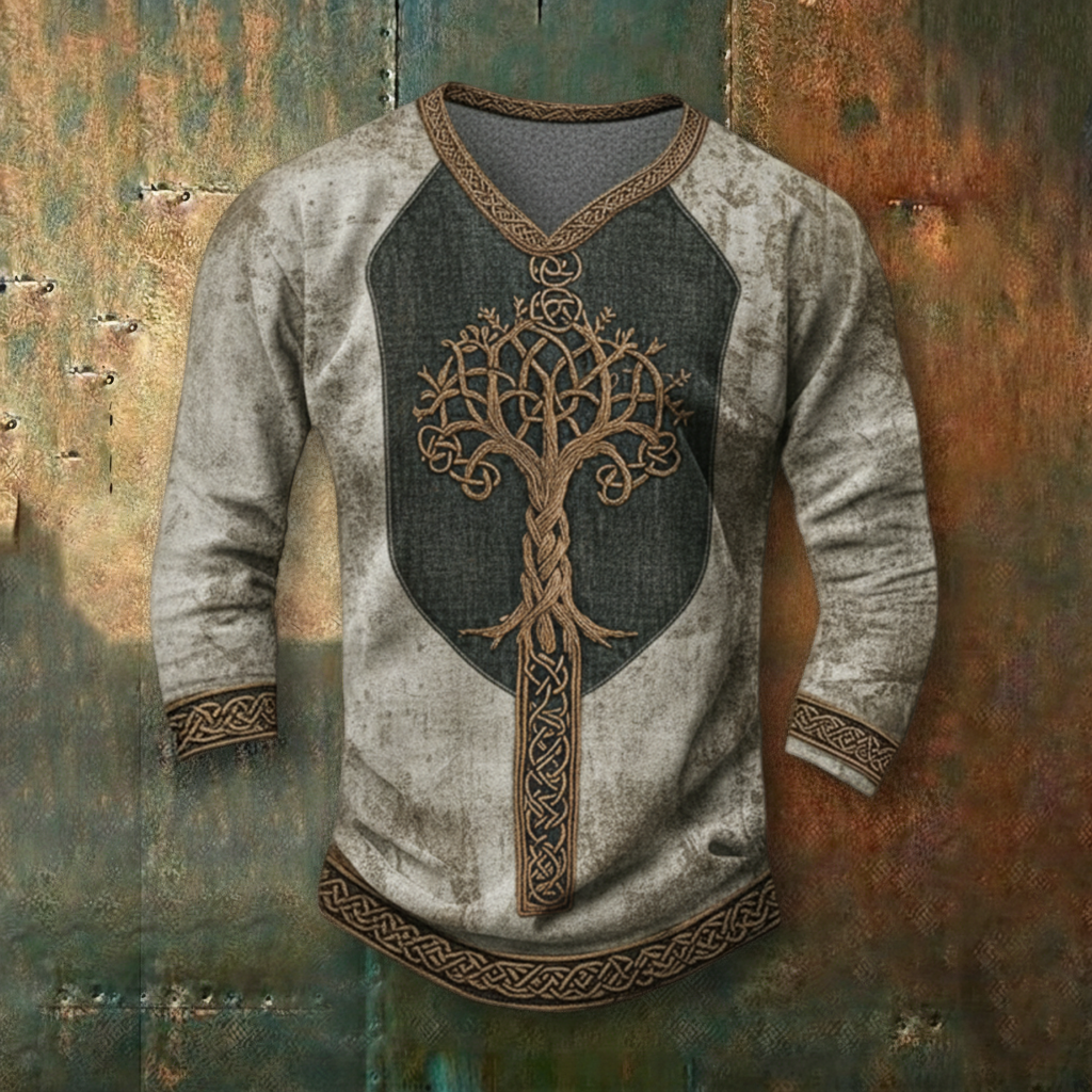 Viking Vegvísir Nordic Celtic Knot Casual Long-Sleeve Henley Shirt